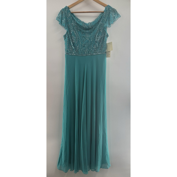 J KARA Women's Petite 10P Beaded Front & Back Bodice Gown Formal Dress Aqua - Picture 1 of 16